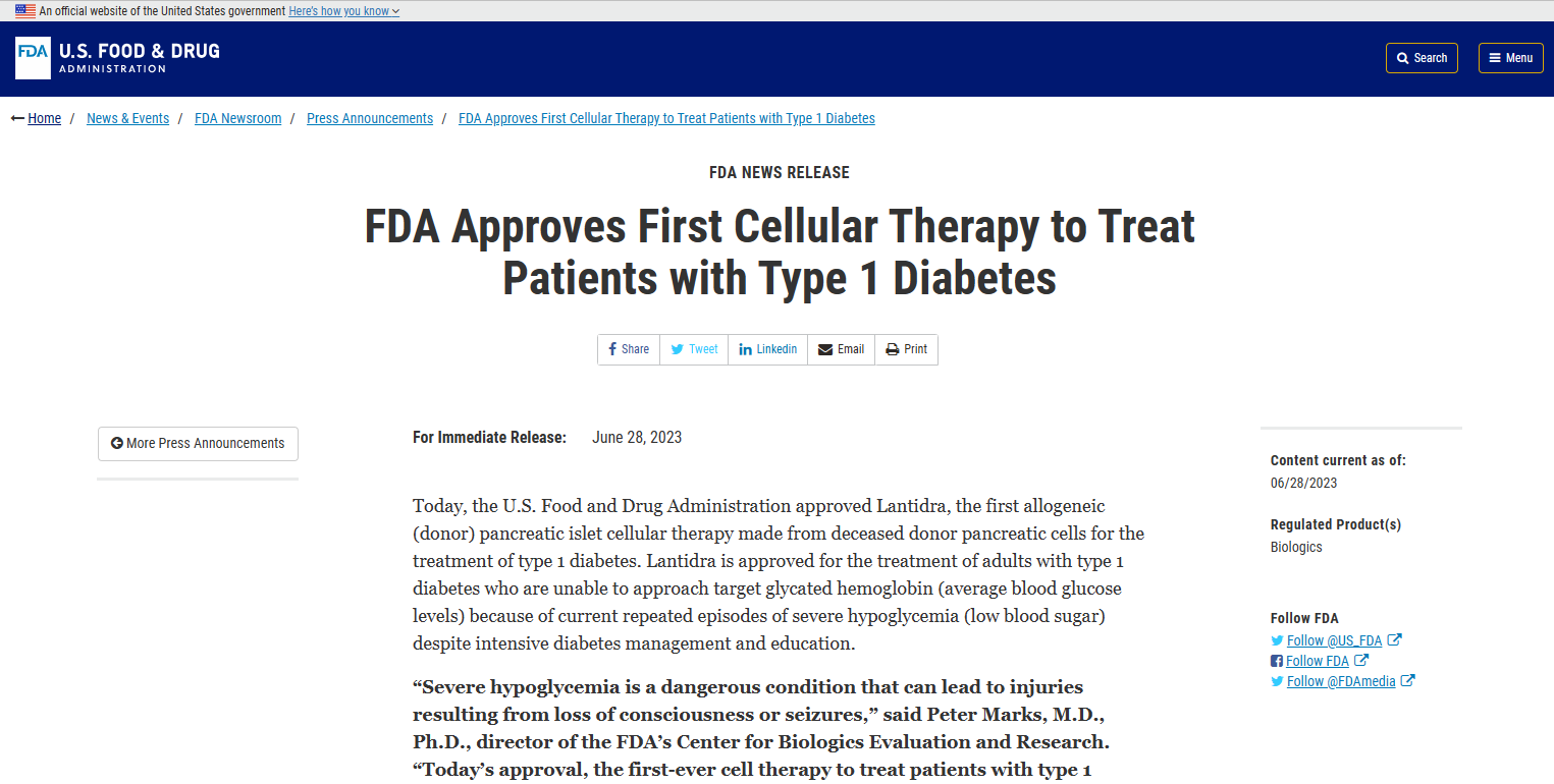 重磅！FDA批准首款1型糖尿病细胞疗法上市